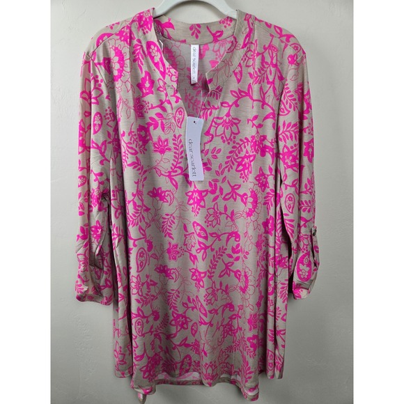 Dear Scarlett Tops - Dear Scarlett Pink Floral Paisley Split Neck Roll Tab Sleeve Tunic Top 2X NEW